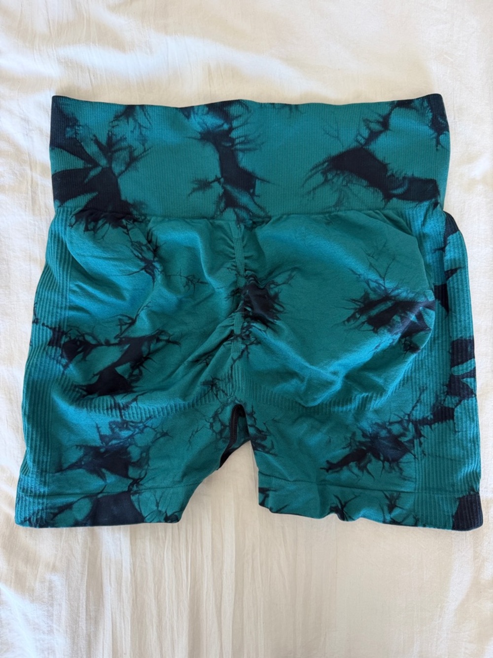 High-Waist Scrunch Booty Teal Tie-Dye Women’s Bike Shorts - Picture 2 of 2
